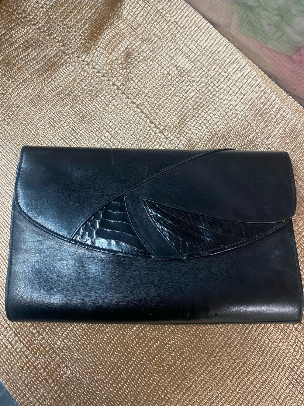 Classic Black Leather & Snakeskin Envelope Clutch with Croc-Accent Flap- As Is